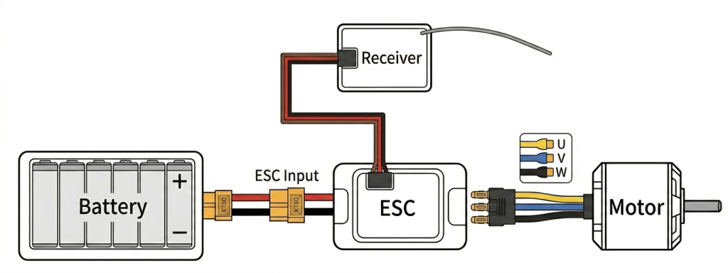 Diagram of an RC power system. It illustrates the role of an ESC: it receives throttle signals from the receiver, draws DC power from the battery, and converts it into three-phase alternating current to regulate the brushless motor's speed.
