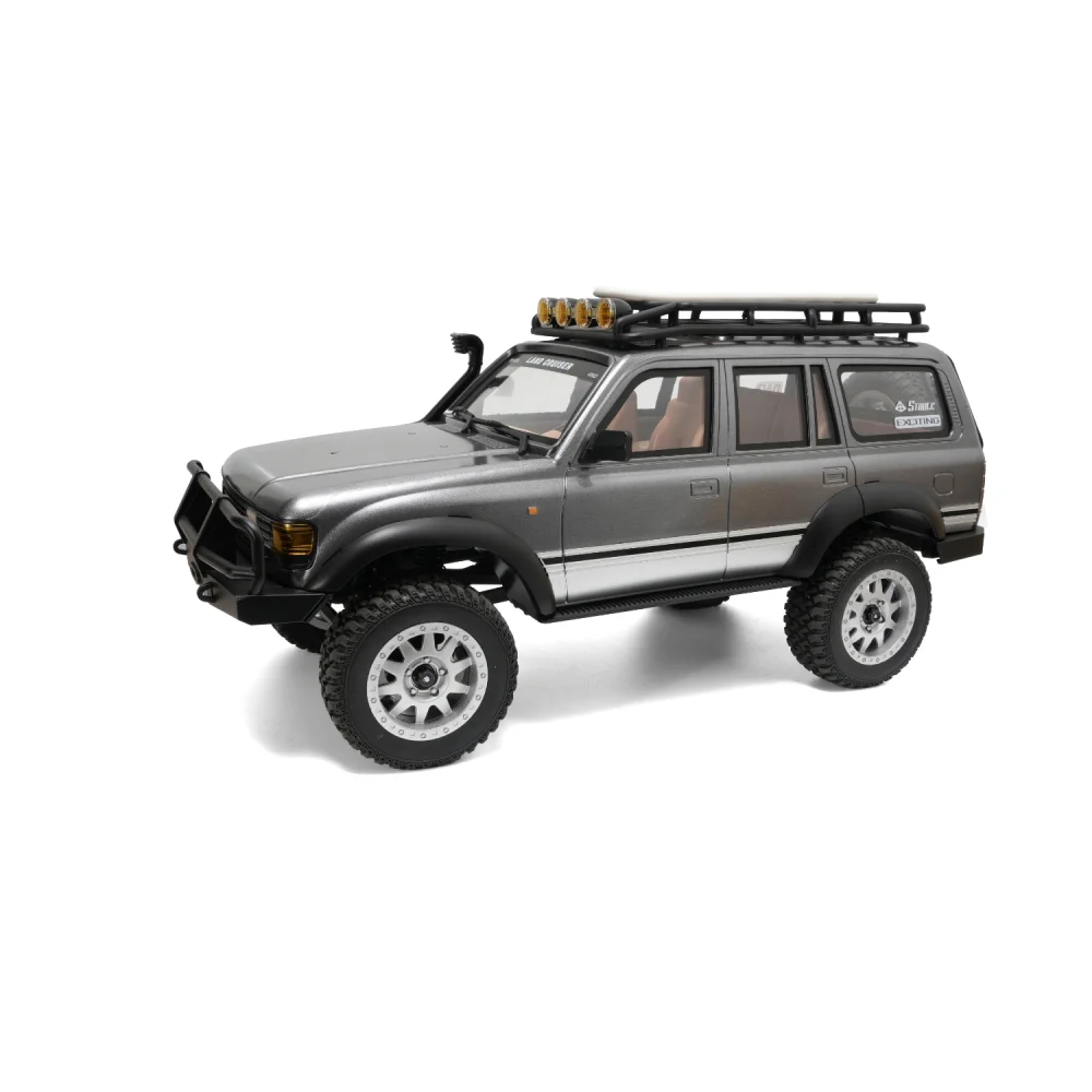 1:12 LC1201 Land Cruiser RC crawler in metallic silver, front three-quarter view on white.