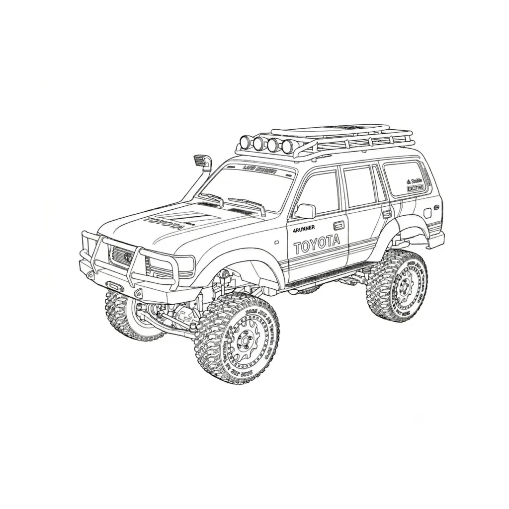 Line art vector illustration of an off-road Toyota Land Cruiser 80 Series SUV with roof rack, snorkel, and bull bar