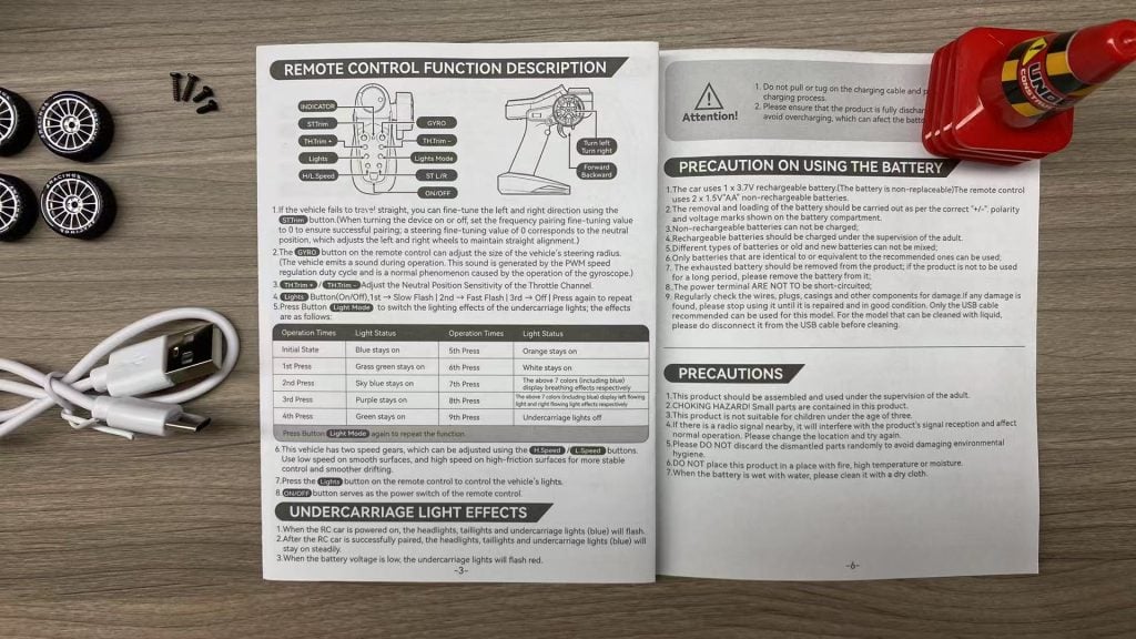 One page RC toy
troubleshooting setup guide card included inside product box.