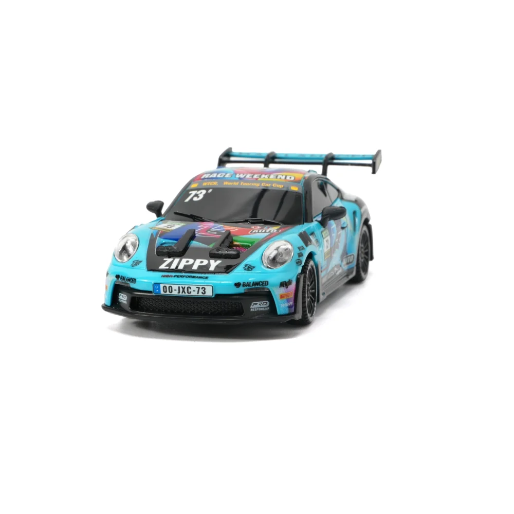 JXC PO4302 1:43 GT3 RS RC drift car, blue racing livery, front view