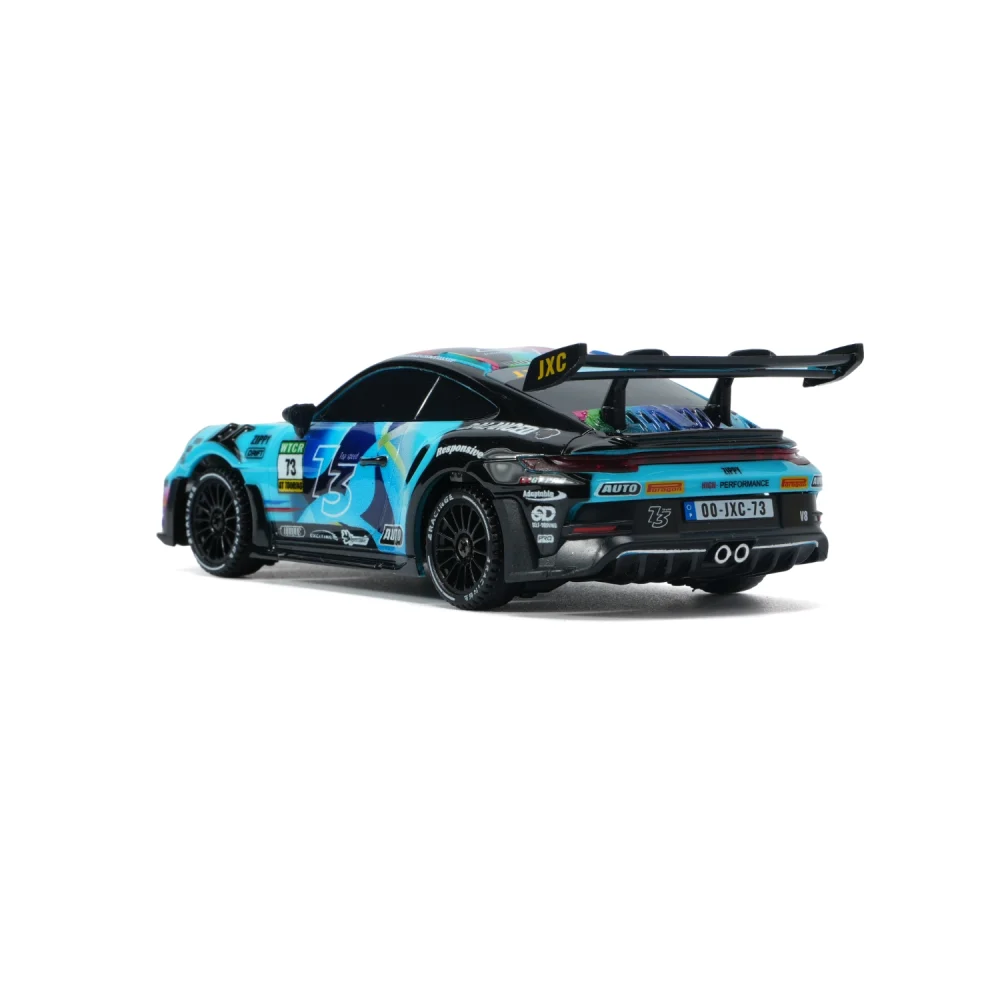 JXC PO4302 1:43 GT3 RS RC drift car, blue racing livery, rear three-quarter view