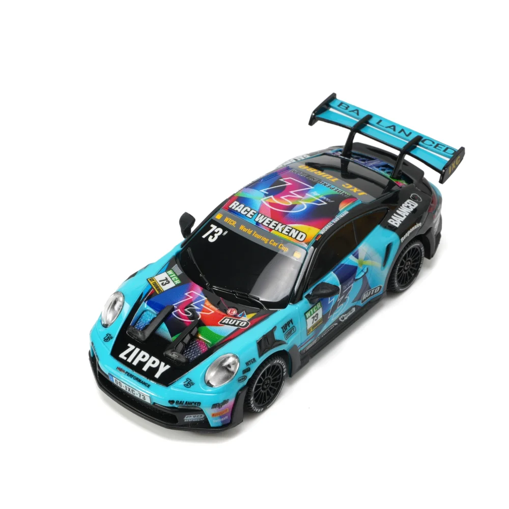 JXC PO4302 1:43 GT3 RS RC drift car, blue racing livery, top view