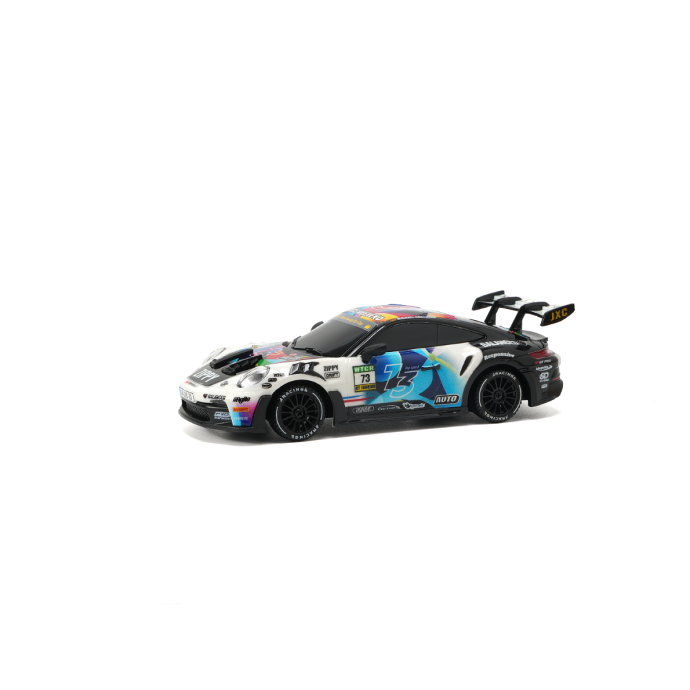 JXC PO4302 1:43 GT3 RS RC drift car, white racing livery, front three-quarter view