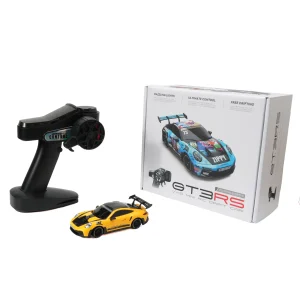 JXC PO4302 1:43 GT3 RS RC drift car, yellow racing livery, with retail box and transmitter