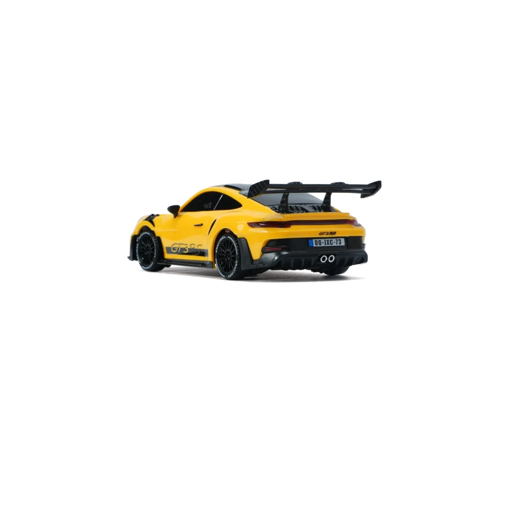 JXC PO4302 1:43 GT3 RS RC drift car, yellow racing livery, rear three-quarter view