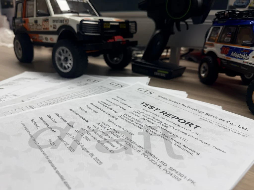 Third-party lab test report documents for JXC LC80 1/12 RC crawler certification compliance review.