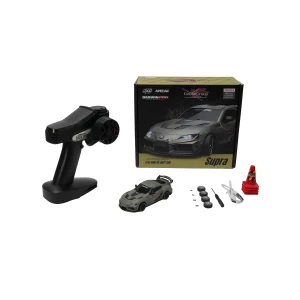 1:43 Toyota Supra RC drift car, box, remote, four spare tires, USB cable, and cones.