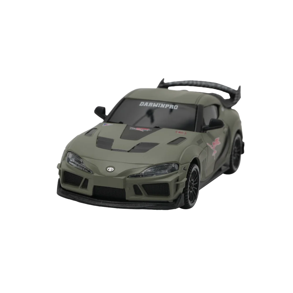 1:43 Toyota Supra RC drift car, matte olive green widebody, front three-quarter view on white.