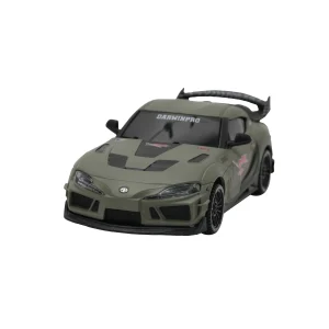 1:43 Toyota Supra RC drift car, matte olive green widebody, front three-quarter view on white.
