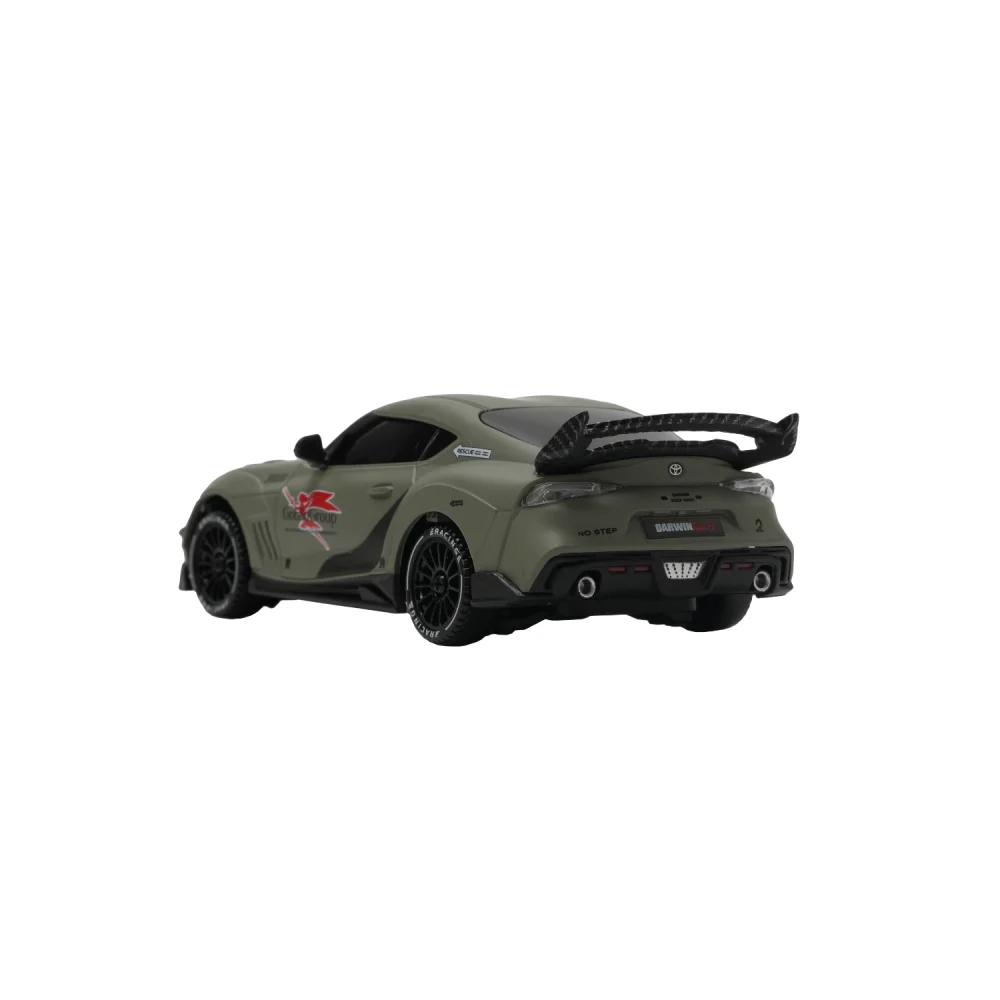 1:43 Toyota Supra RC drift car, matte olive green, rear three-quarter view on white.