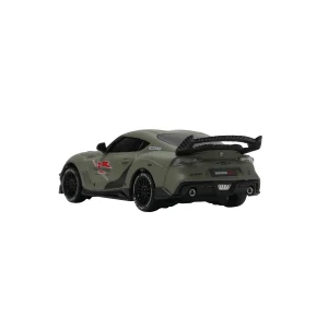 1:43 Toyota Supra RC drift car, matte olive green, rear three-quarter view on white.