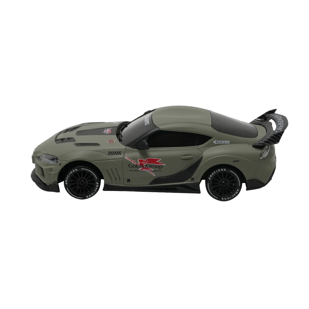 1:43 Toyota Supra RC drift car, matte olive green widebody, side profile on white.