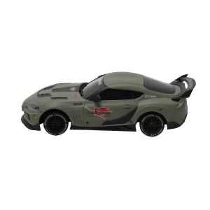 1:43 Toyota Supra RC drift car, matte olive green widebody, side profile on white.