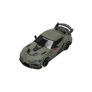 1:43 Toyota Supra RC drift car, matte olive green widebody, top three-quarter view on white.
