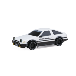 JXC AE4386 1:43 Toyota AE86 RC drift car, front three-quarter view in anime livery