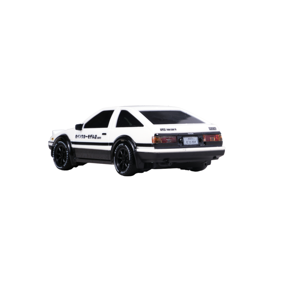 Rear three-quarter view of the AE86 RC drift car (AE4386) showing the tail lights