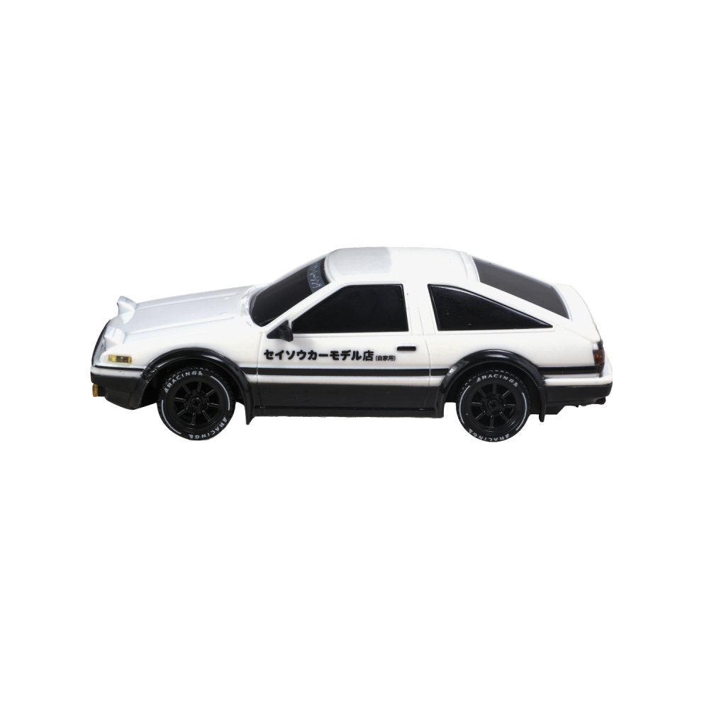 Side profile of the JXC AE4386 1:43 AE86 RC drift car in white and black livery