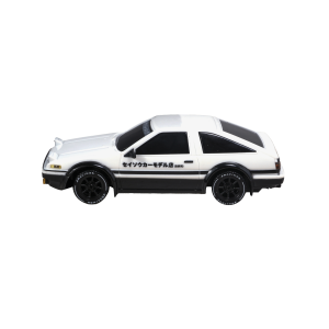 Side profile of the JXC AE4386 1:43 AE86 RC drift car in white and black livery