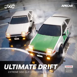 Two AE4301 1:43 AE86 RC drift cars sliding side by side, ultimate drift