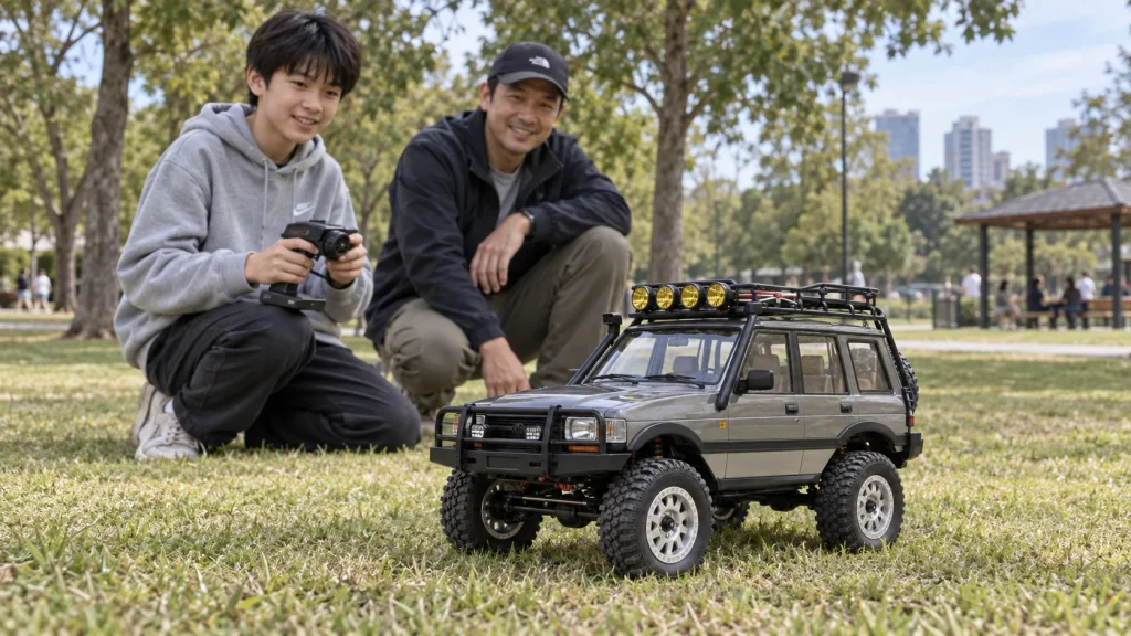 Father and son driving a gray 1:12 scale RC crawler in a city park