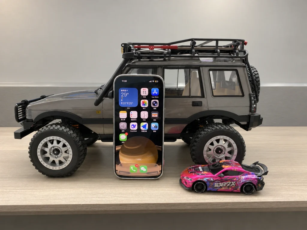 Close-up of LR1201 RC crawler roof rack spot lights and windshield wipers