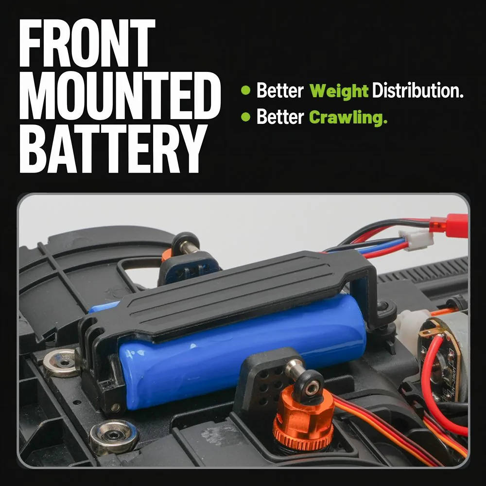 LC1201 front mounted battery for better weight distribution and crawling balance