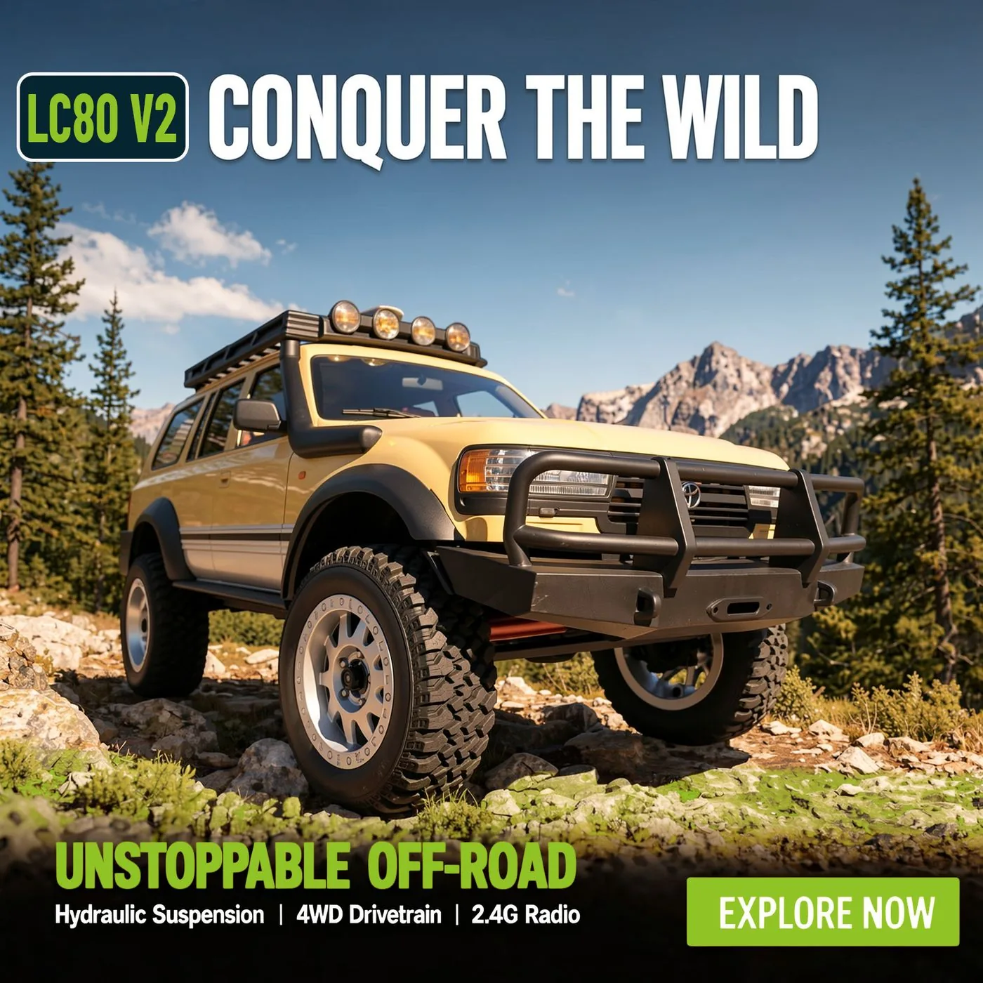 LC1201 1:12 licensed Toyota Land Cruiser 80 RC crawler by JXC conquering rocky terrain