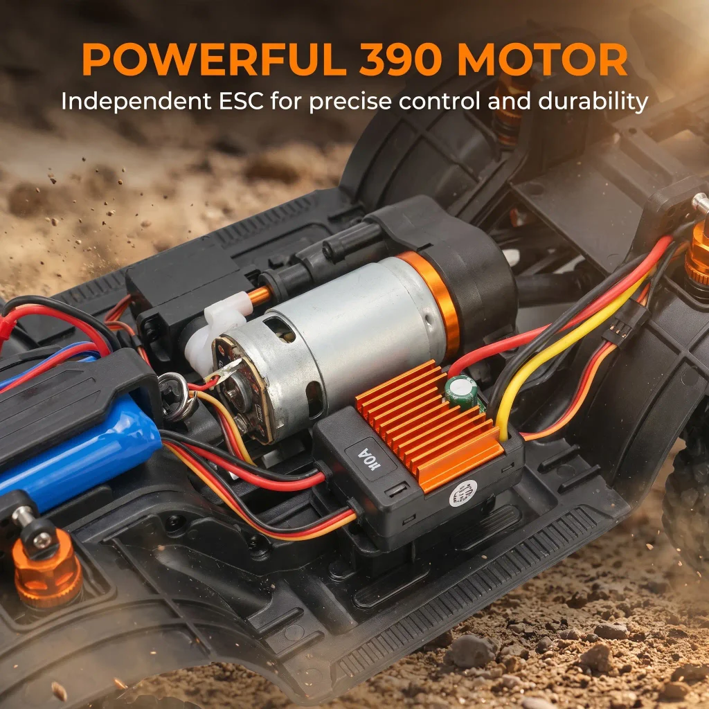 RC car chassis featuring a powerful 390 motor and independent ESC for precise control and durability
