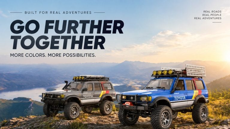 Two Toyota LC80 RC crawlers on a mountain ledge