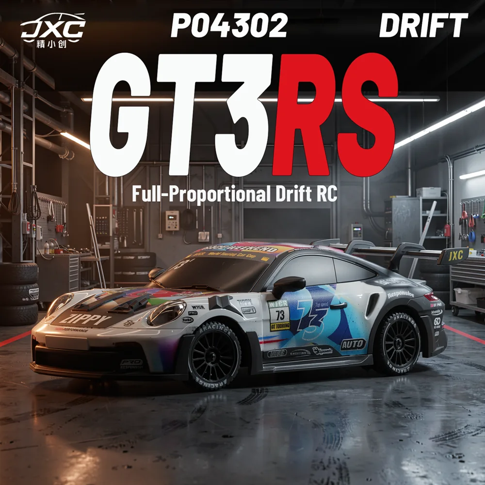 JXC PO4302 1:43 GT3 RS RC drift car with racing livery, three-quarter hero view