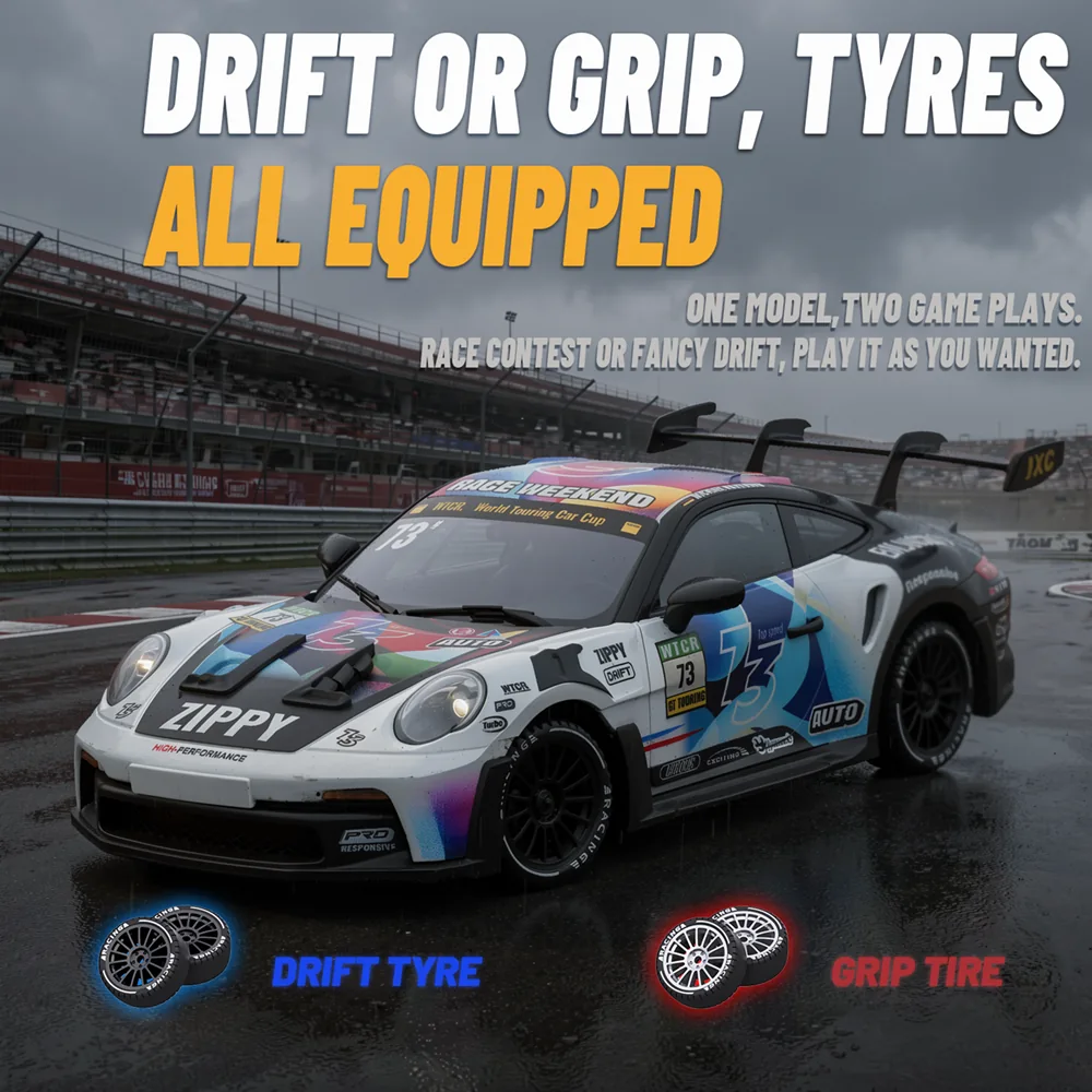 PO4302 1:43 RC drift car with drift tires and a set of grip tires