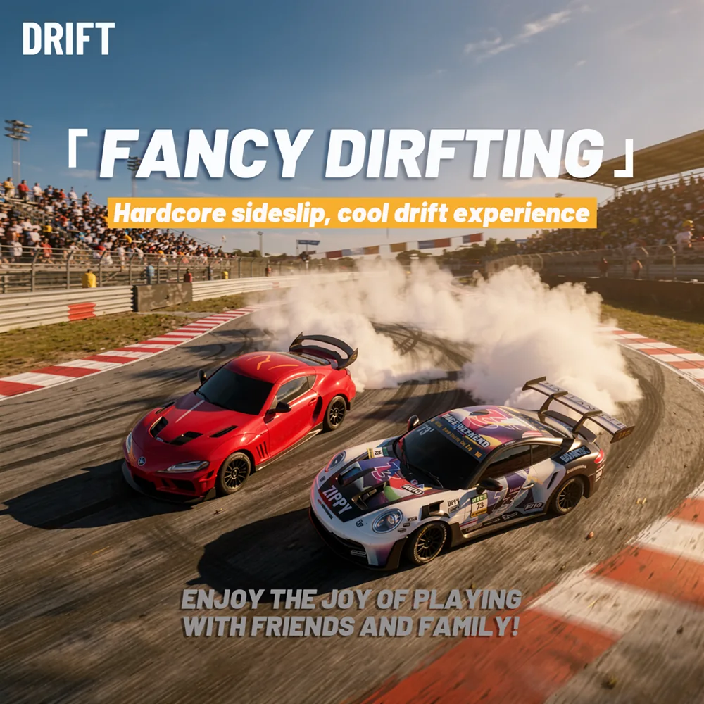 Two PO4302 1:43 RC drift cars drifting together with tire smoke