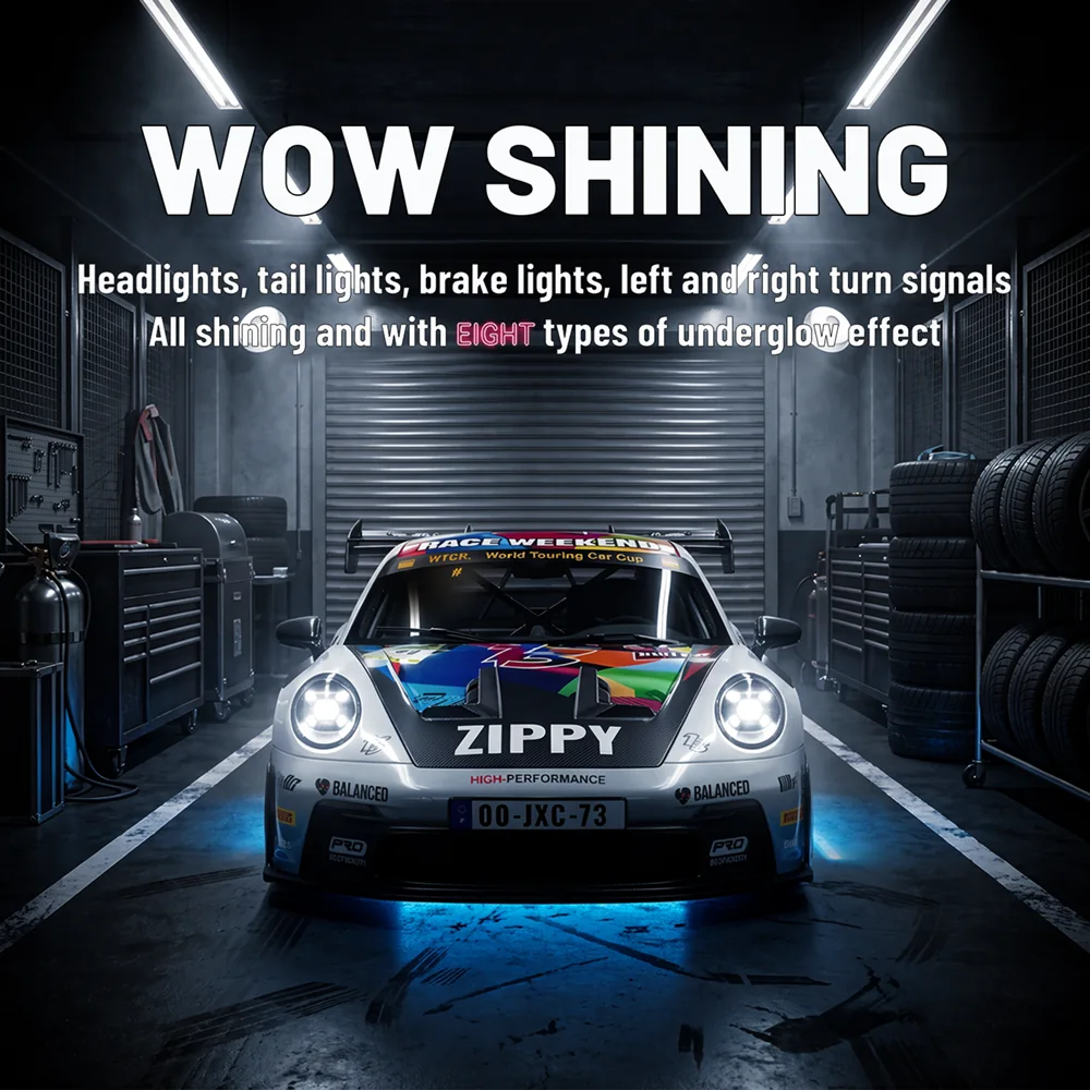 PO4302 1:43 RC drift car with 8 chassis lighting effects and front lights on