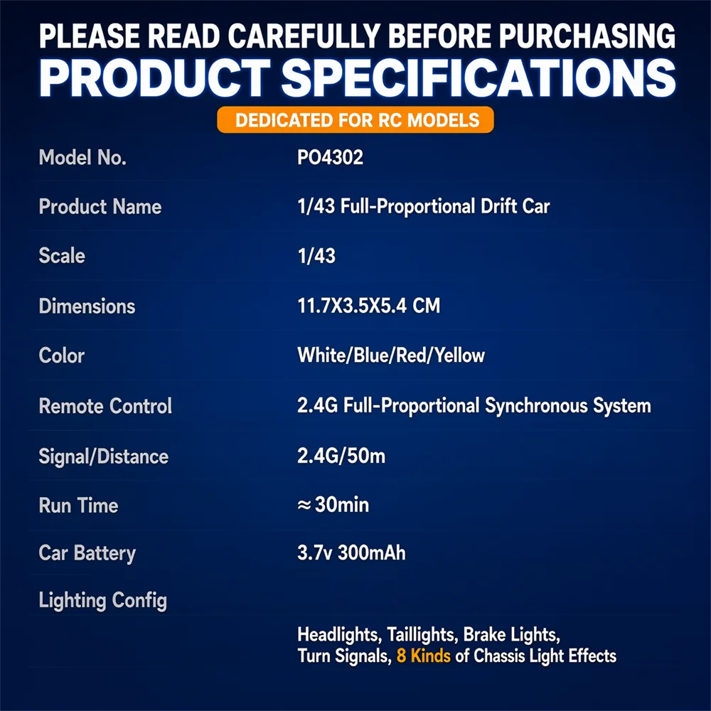 PO4302 1:43 RC drift car specification sheet