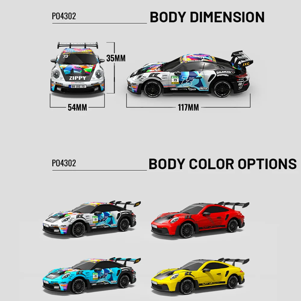 PO4302 1:43 RC drift car body dimensions and four color options