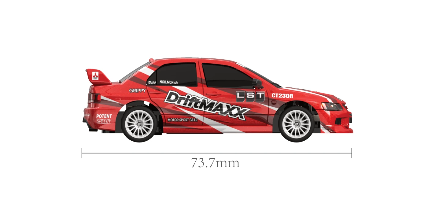 1:64 Lancer Evolution IX RC drift car measuring 73.7 mm from the side