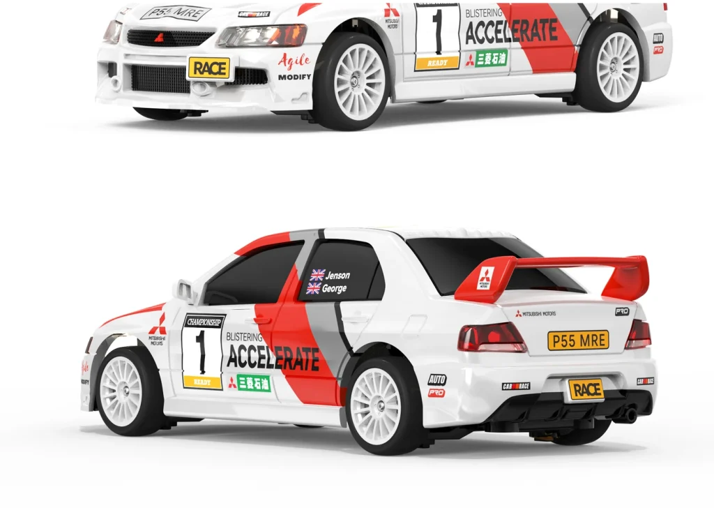 Low-angle front and rear detail views of the white ACCELERATE RC drift car