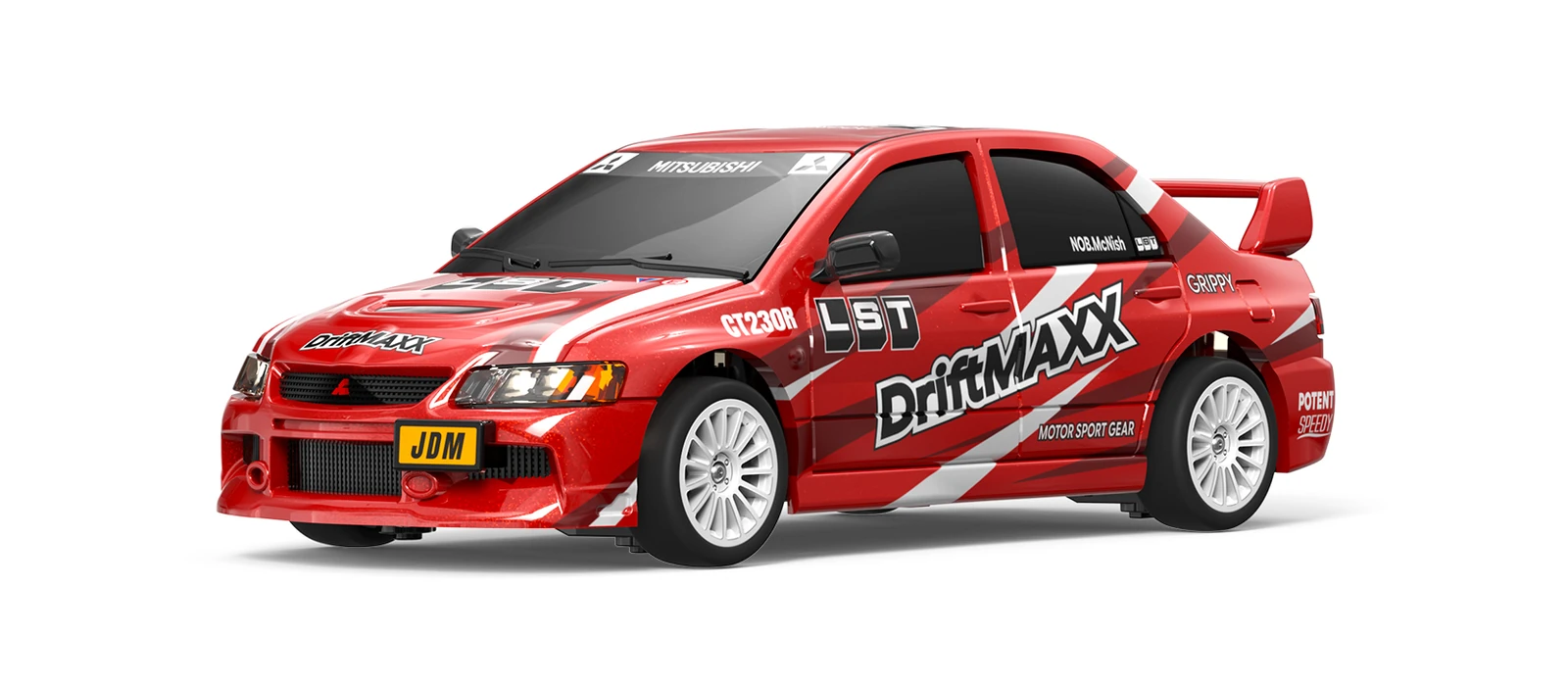 Red DriftMAXX livery 1:64 Lancer Evolution IX RC drift car, front quarter view