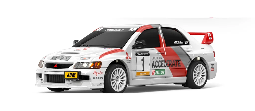 JXC 1:64 Lancer Evolution IX RC drift car in white ACCELERATE livery