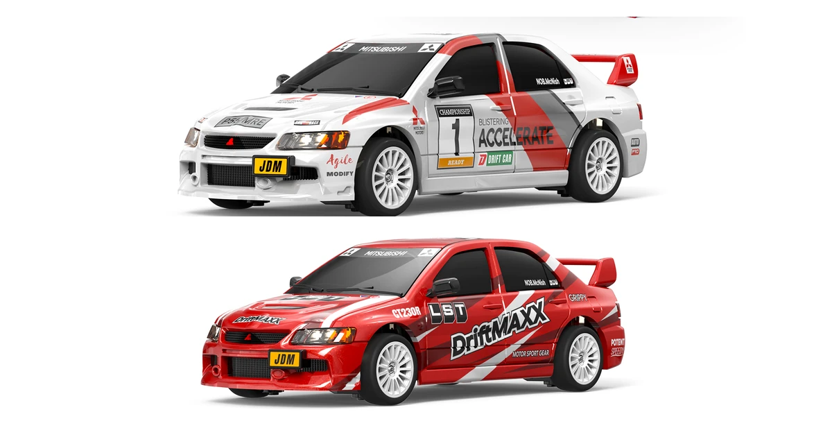 JXC 1:64 Lancer Evolution IX RC drift car in white and red liveries