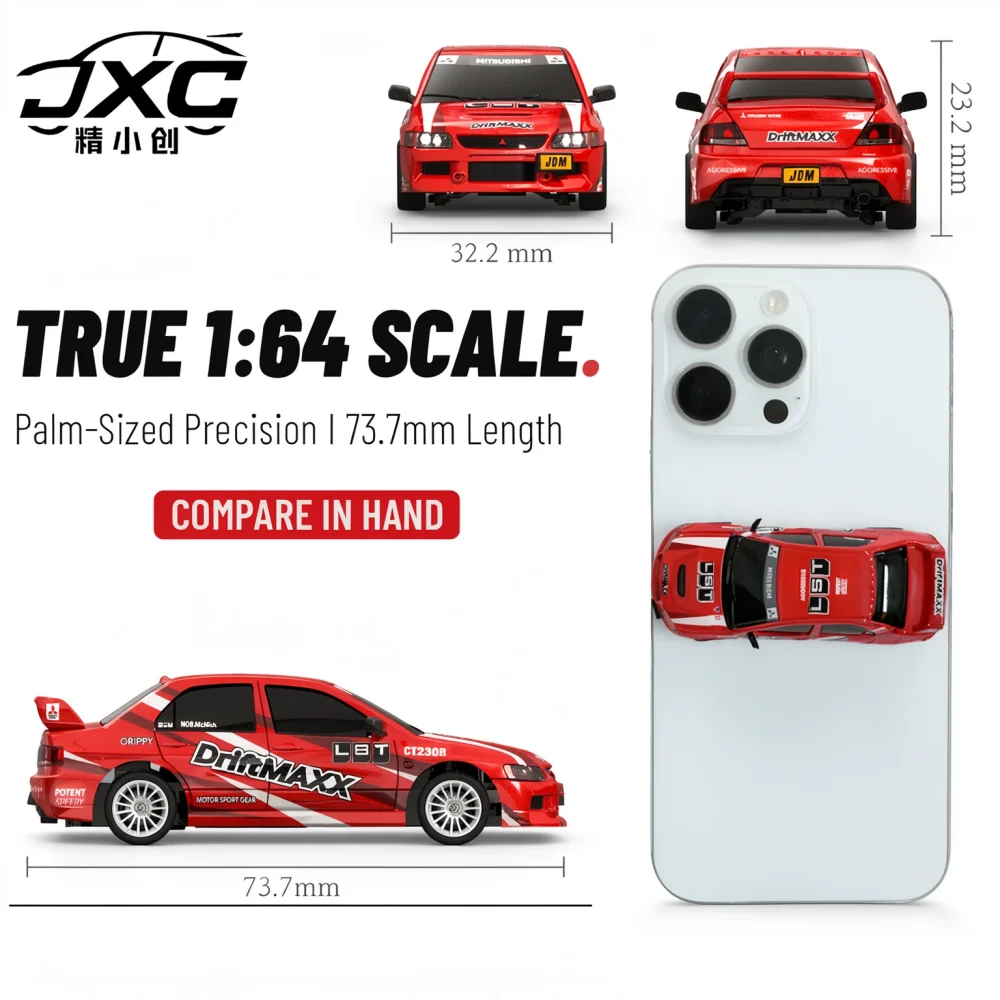 EVO6409 true 1:64 scale diagram showing 73.7 mm length beside a smartphone