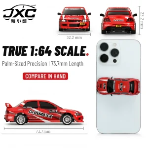 EVO6409 true 1:64 scale diagram showing 73.7 mm length beside a smartphone