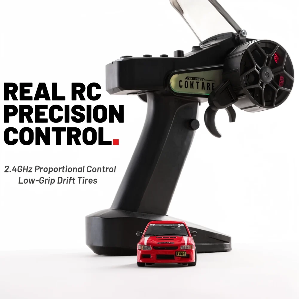 EVO6409 2.4GHz pistol grip transmitter with proportional control shown with the drift car