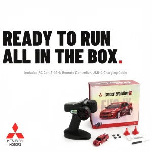 EVO6409 box contents with transmitter, car, cones, spare tires and USB-C cable